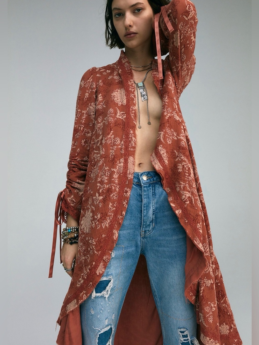 Free People Lara Double Cloth Duster Floral Cottagecore Ribbon Duster Pink Small